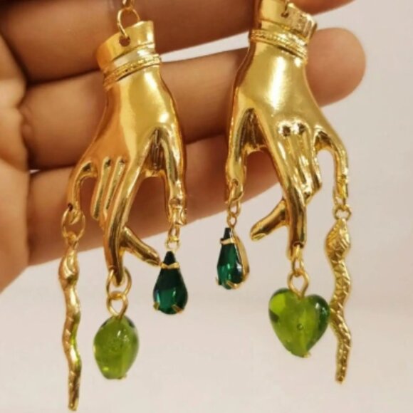 Gold Gothic/Punk Golden Hand and Snakes Earrings Green - Picture 4 of 4